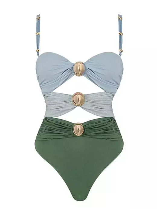 Biquíni feminino com cabeçada oca, peça única retrô elegante, cor fresca, gradiente sólido com saia elástica, moda banho, 2024