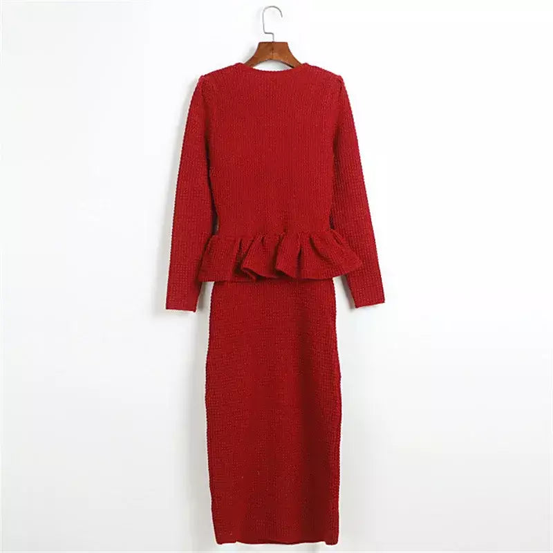 Vestido feminino 2025 primavera novo elástico de malha vestidos longos ombro almofada fino ajuste vestido de manga comprida falso vestidos de festa de duas peças