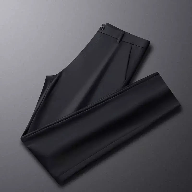 Calça fina de seda láctea elástica de quatro lados masculina, casual para escritório, nova, verão