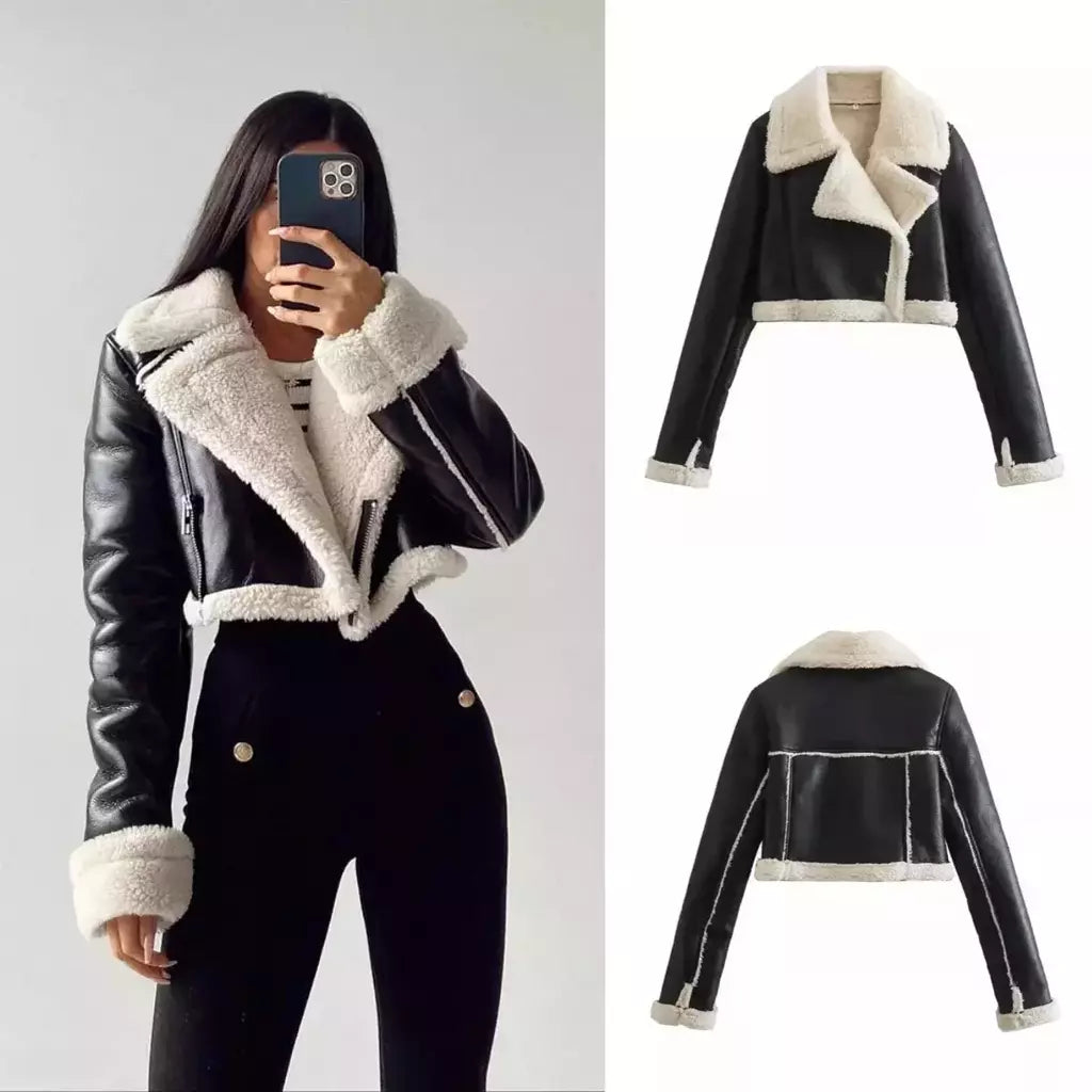 Jaqueta vintage de zíper frontal feminina, gola lapela, mangas compridas, roupas chiques femininas, monocromáticas, moda senhora