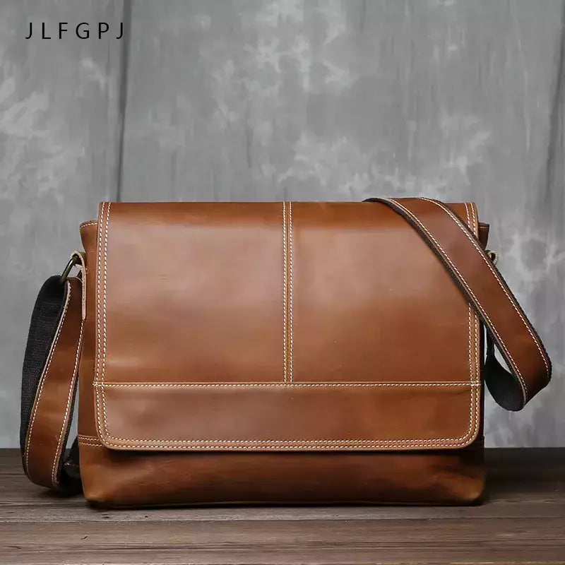Mochila masculina de couro genuíno de um ombro, maluca couro cavalo, estilo horizontal, grande capacidade, bolsa mensageiro casual