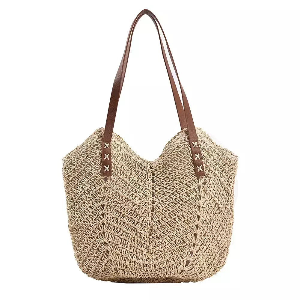 Bolsa de praia de palha feminina, bolsa de ombro grande para férias, bolsa macia, verão
