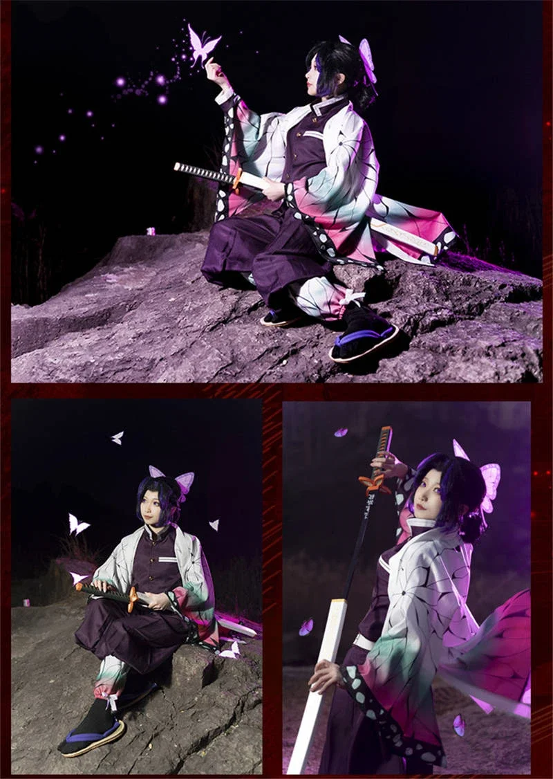 Anime kimetsu não yaiba kochou kochou shinobu cosplay traje demônio slayer kochou uniformes perucas cabelos halloween para crianças adulto
