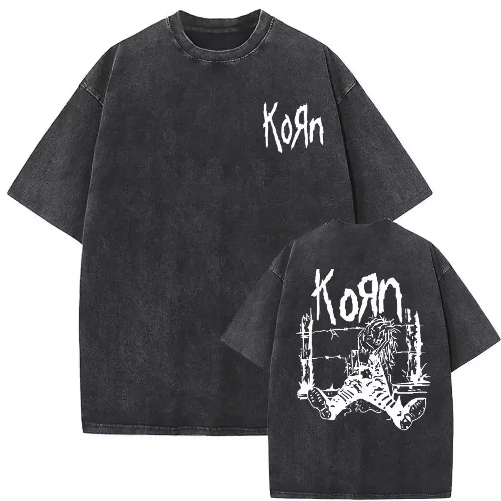 Camisetas com estampa de esqueleto masculinas, banda de rock vintage lavada, Korn caindo longe de mim, camiseta gótica, camiseta masculina extragrande, moda