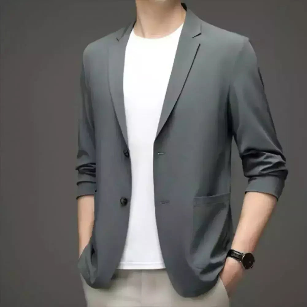 Blazers de negócios monocromáticos masculinos, blazers slim fit, botões duplos, lapela, mangas 3/4, terno de deslocamento, casaco do noivo
