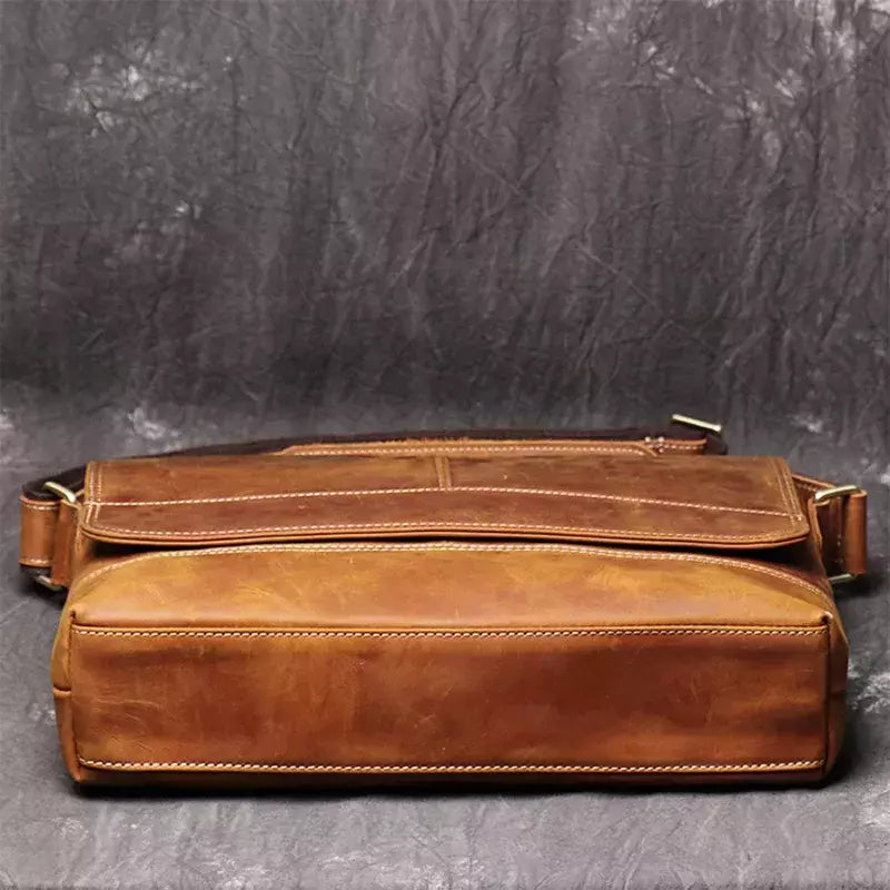 Mochila masculina de couro genuíno de um ombro, maluca couro cavalo, estilo horizontal, grande capacidade, bolsa mensageiro casual
