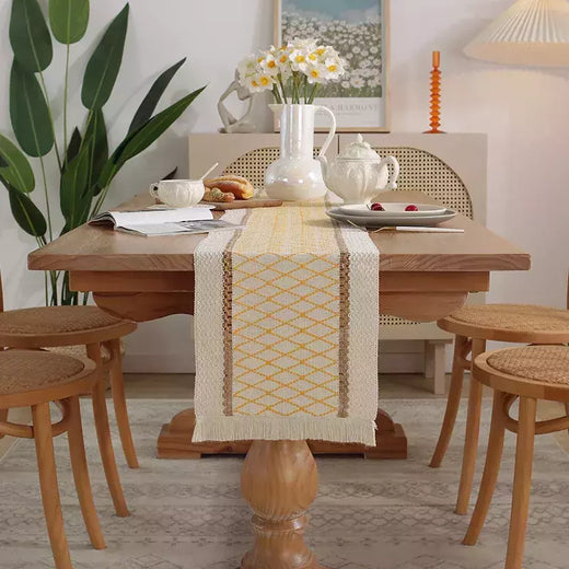Algodão e linho Splicing Table Flag para casa, toalha de mesa tecida Tassel, Material Natural, Decoração Pastoral, 2 cores