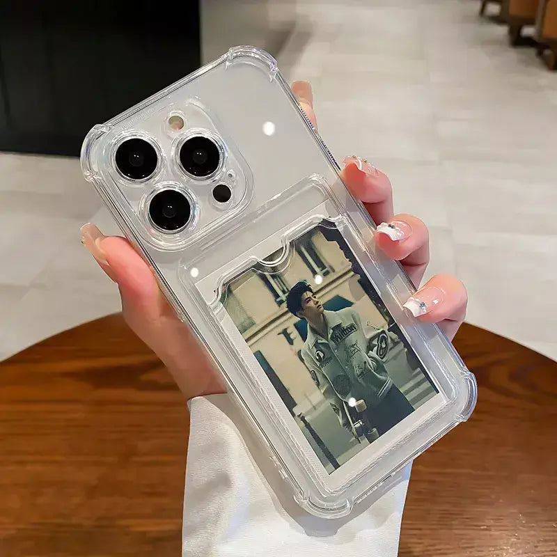 Bolsa de slot para cartão transparente para iPhone, carteira clara, à prova de choque, capa macia, iPhone 16, 15, 14, 13, 12, 11 Pro Max, Mini, X, XR, 7, 8 Mais
