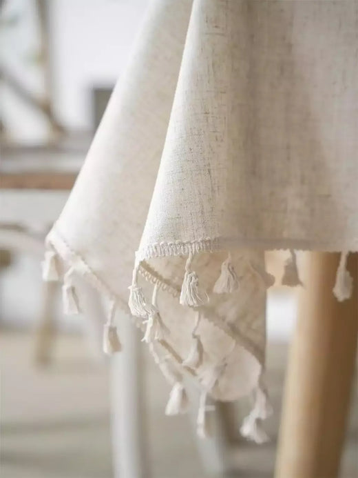 Toalha Retangular de Linho com Franja, 4 Estações, Monocromático, Bege, Vintage, Rústico, Decoração Casamento, Mesa de Cozinha, Quatro Estações