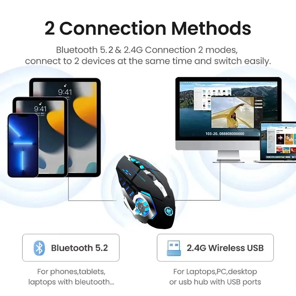2.4g mouse sem fio bluetooth mouse rgb retroiluminado mouse para jogos recarregável mouse silencioso 3600 dpi mouse para macbook portátil