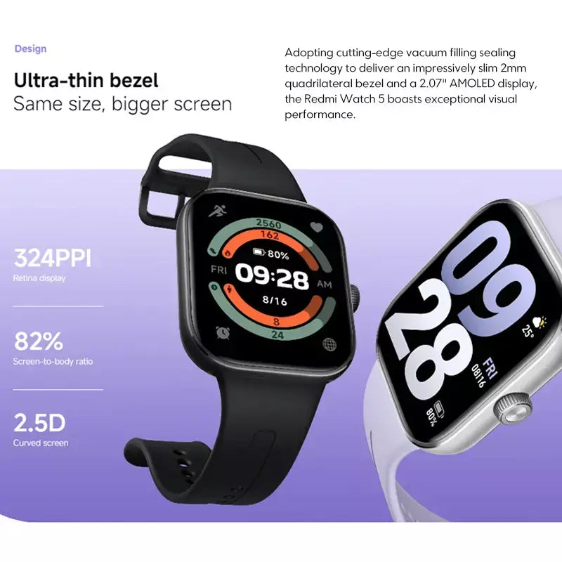 Xiaomi redmi watch 5 versão global 2.07 "60hz tela amoled embutida gnss bluetooth chamada mais de 150 modos esportivos 24 dias de vida útil da bateria