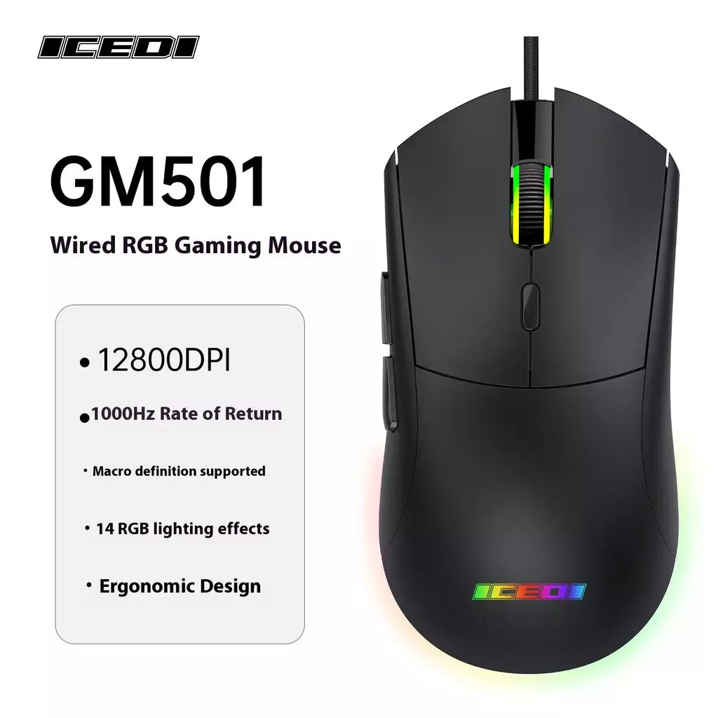 Mouse para jogos com fio ICEDI GM501, 12800 DPI, taxa de pesquisa de 1000 Hz, 6 efeitos RGB, design ergonômico para controle de precisão