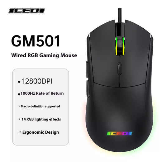 Mouse para jogos com fio ICEDI GM501, 12800 DPI, taxa de pesquisa de 1000 Hz, 6 efeitos RGB, design ergonômico para controle de precisão
