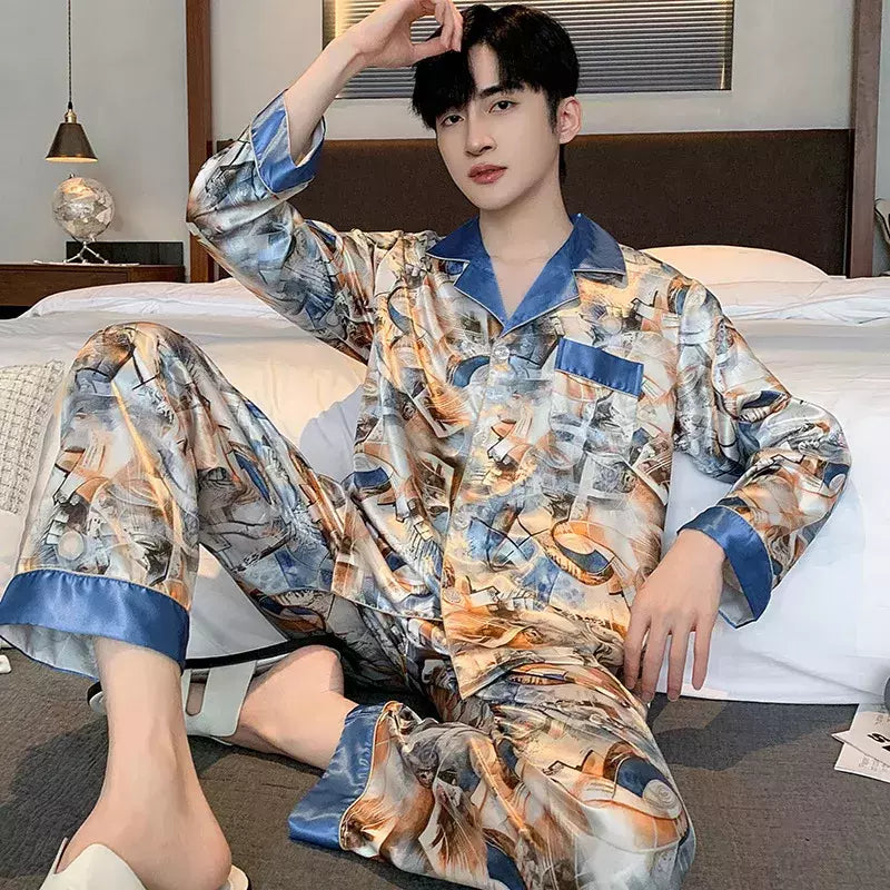 Conjuntos de pijama masculino de cetim de seda manga comprida, pijamas masculinos, camisola estampada, Casa, Soft Cozy Sleepwear Calças, Novo