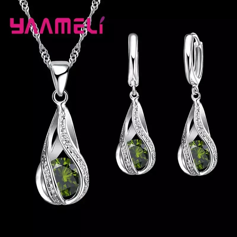 Gota de água quente cz 925 prata esterlina banhado conjunto de jóias para mulheres pingente colar brincos de argola festa de casamento ketey anel