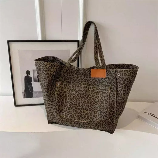 Oversized leopardo imprime sacos de ombro para mulheres lona deformável grande capacidade totes compras 2024 inverno novas bolsas luxo