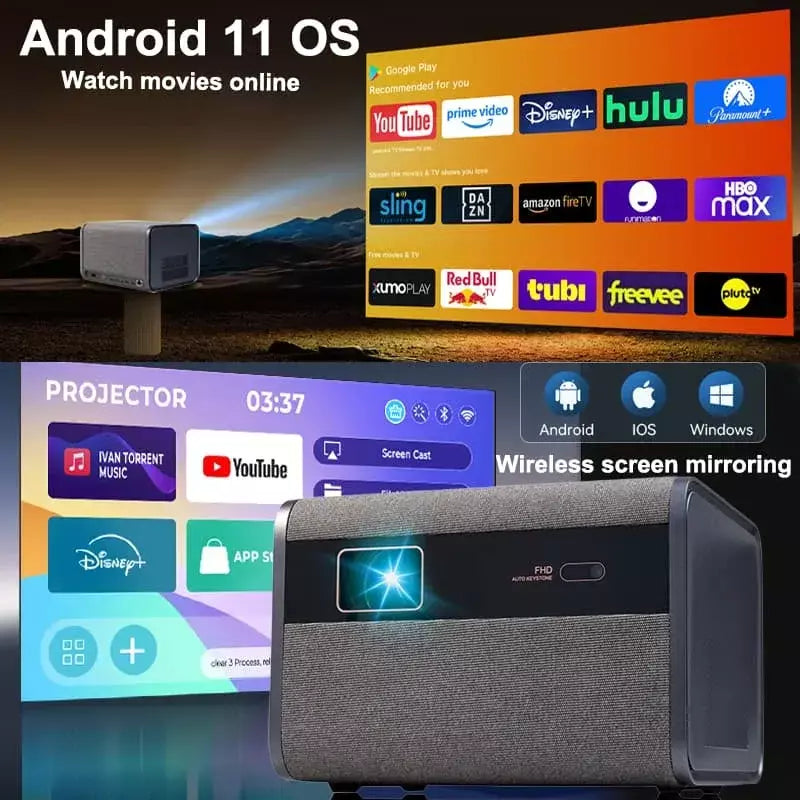 Projetor LED Huaweishi-J10, 1920x1080P, foco automático, 4K, vídeo HD, telefone celular externo, Android Smart Home Theater, novo