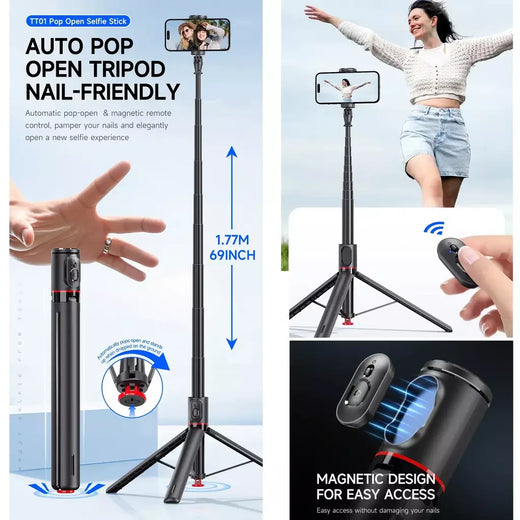 Tripé automático para iphone android, 70 "auto open selfie stick telefone tripé com controle remoto magnético para gravação de vídeo vlog