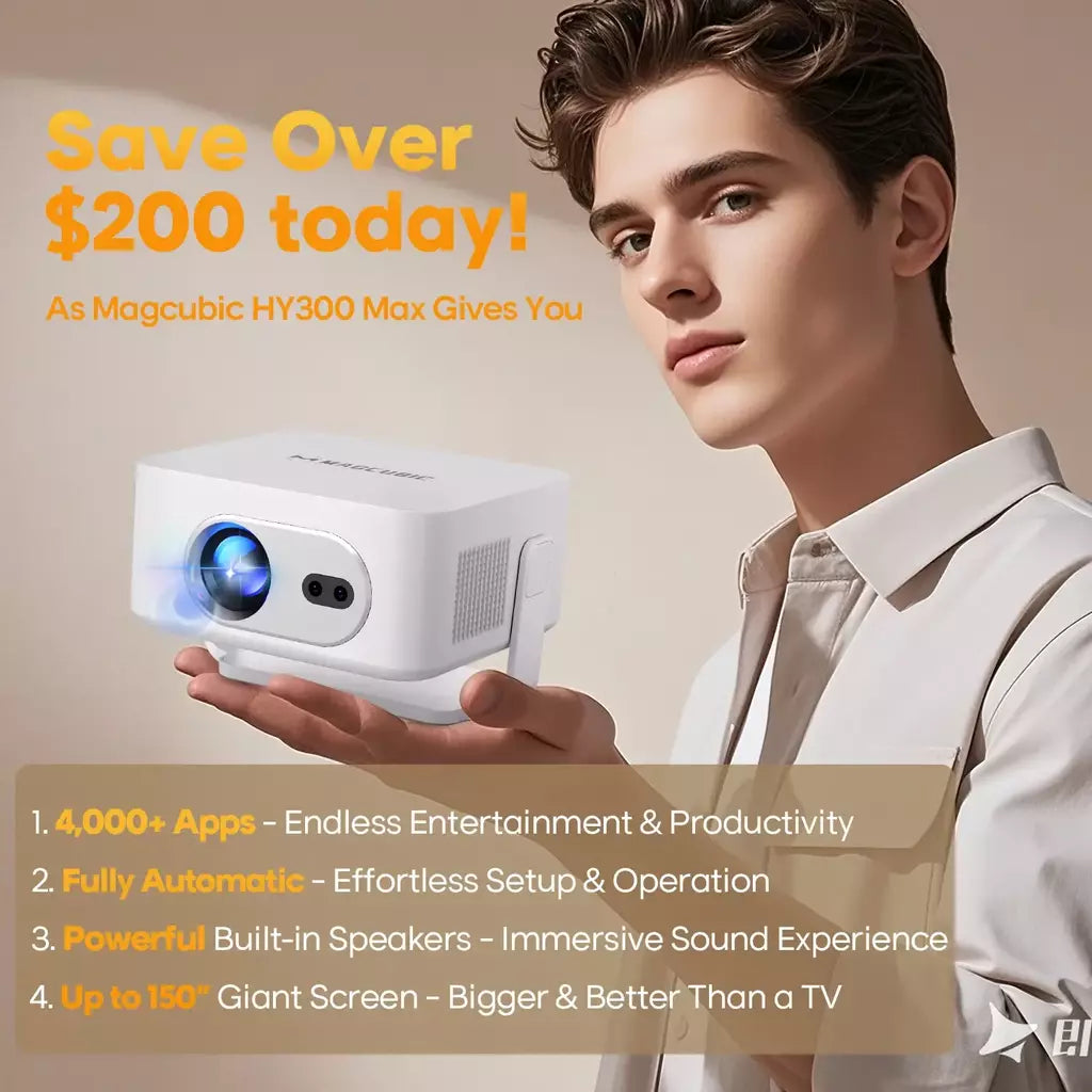 Magcubic foco automático android 14 4k projetor 400ansi 8k nativo 720p hy300 max com wifi6 bt5.4 allwinner h726 portátil ao ar livre