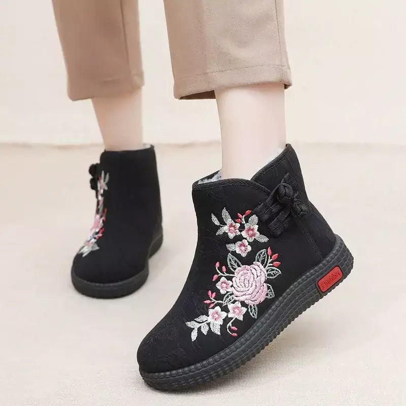 Sapatos de pano de inverno estilo étnico botas mujer sapatos femininos zapatos botas curtas quentes mulher bootie bordado algodão botas femininas