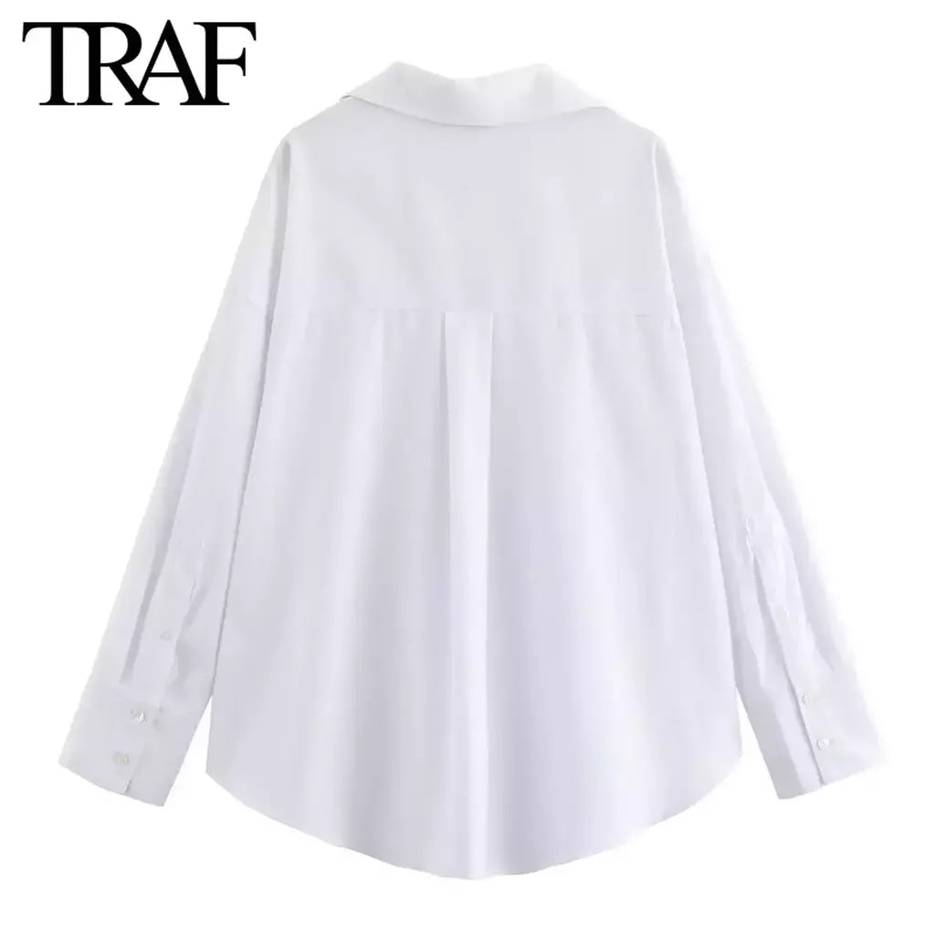 TRAF-Blusa Feminina de Algodão Lapela de Peito Único, Camisa Feminina, Tops de Manga Comprida Oxford, Chique Street Clothing, Moda Primavera