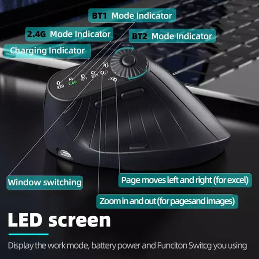 Mouse ergonômico vertical multidispositivo com ajuste de função Kno recarregável 2.4G Bluetooth Mouse sem fio para PC Tablet