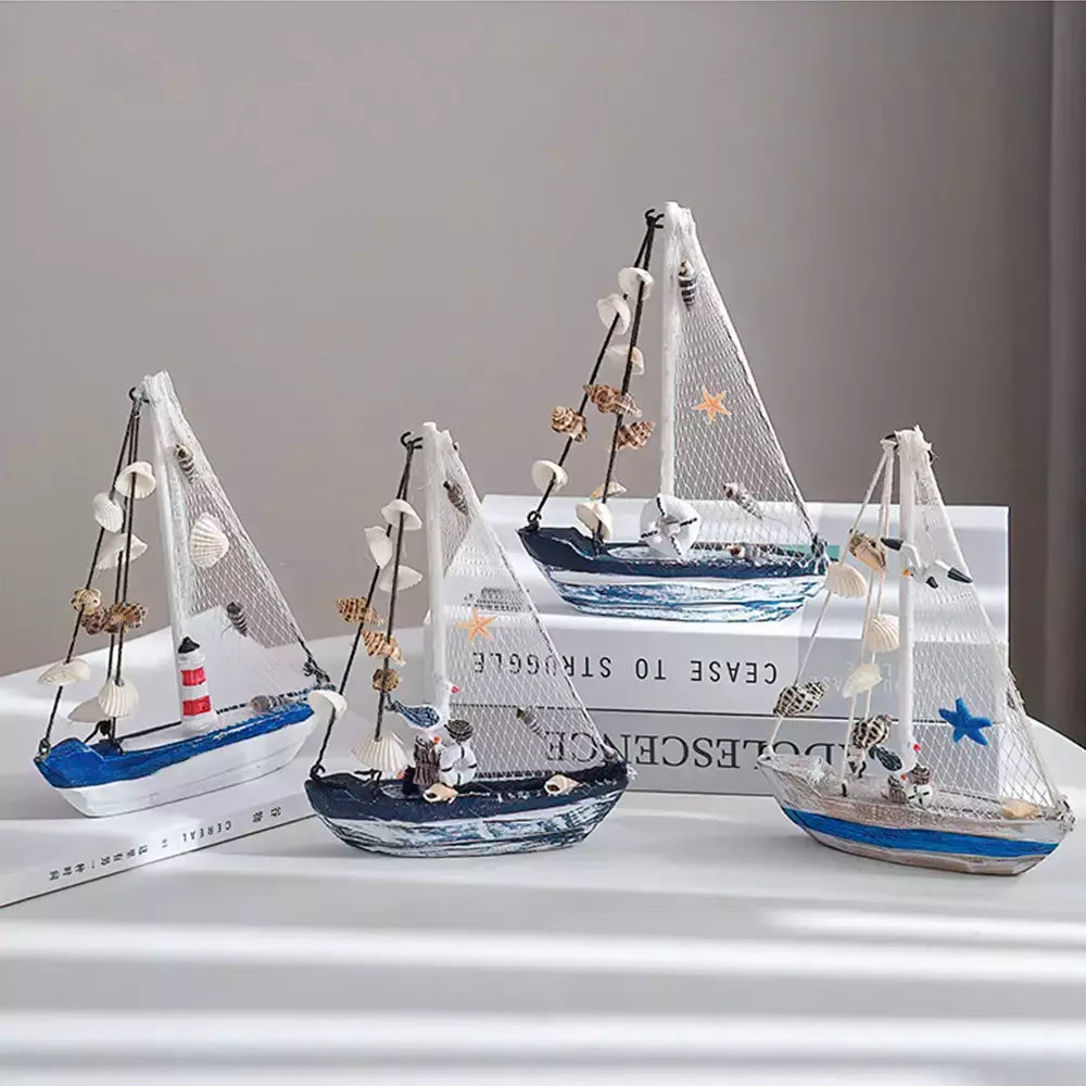 Modelo de barco a vela de madeira estilo mediterrâneo, artesanato ornamentos, acessórios de decoração para casa, decoração da sala, presentes 19cm