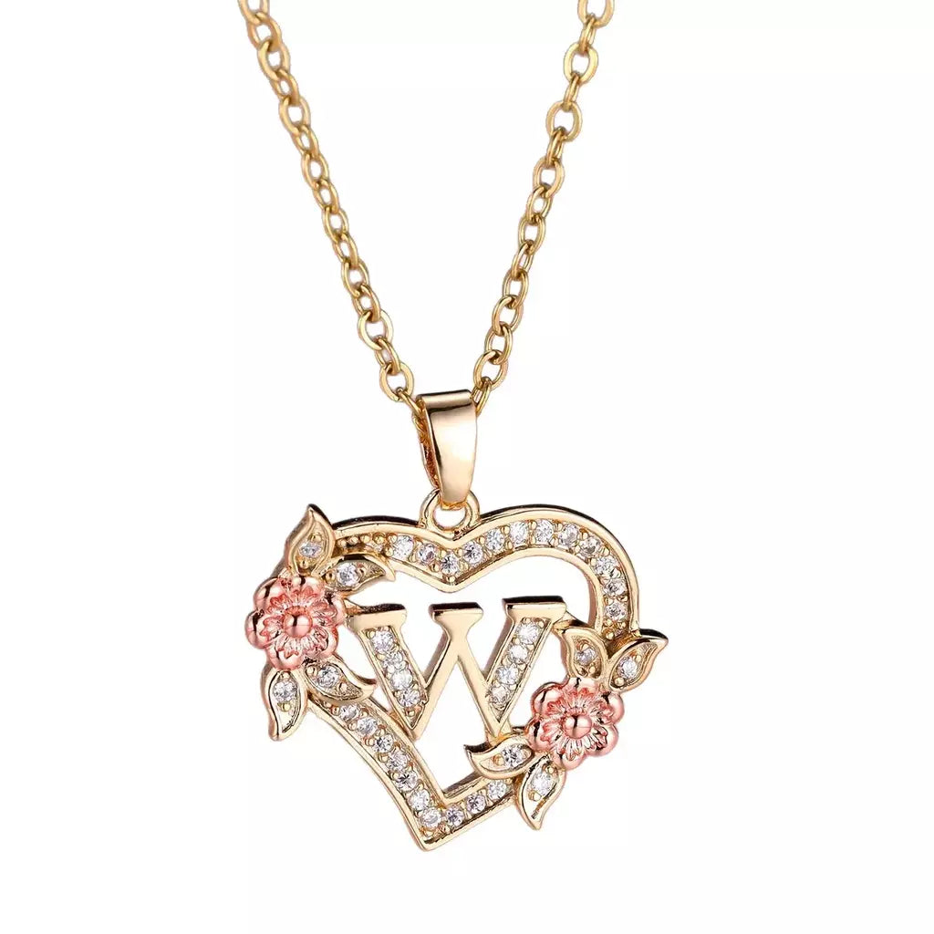 Venda quente oco amor flor 26 letras em inglês pingente de diamante senhora colar pingente personalizado moda clavícula corrente