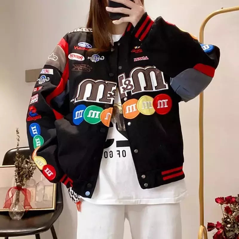 Sobretudos bordados para mulheres, uniforme de beisebol, jaqueta solta, casacos vintage, estampa de motocicleta, moda, outono e inverno