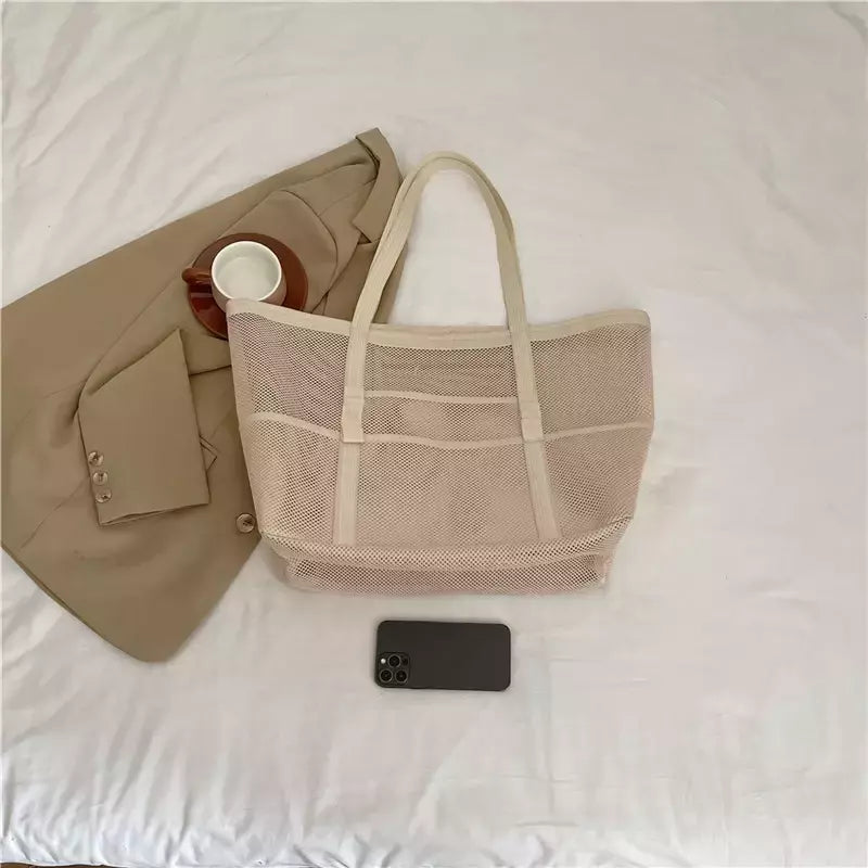 Bolsa de praia de malha portátil para mulheres, maquiagem, bolsa de lavagem, organizador de banho, Shopper Totes, verão