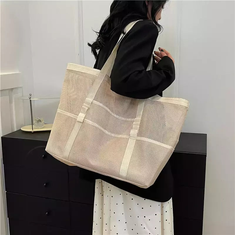 Bolsa de praia de malha portátil para mulheres, maquiagem, bolsa de lavagem, organizador de banho, Shopper Totes, verão