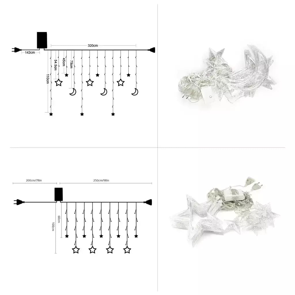 Impermeável LED Cortina String Fada Luz, Lâmpadas, Guirlanda, Piscando, Fada, Lua, Estrela, Ao ar livre, Jardim, Decoração de Natal, 220V, 3,5 m