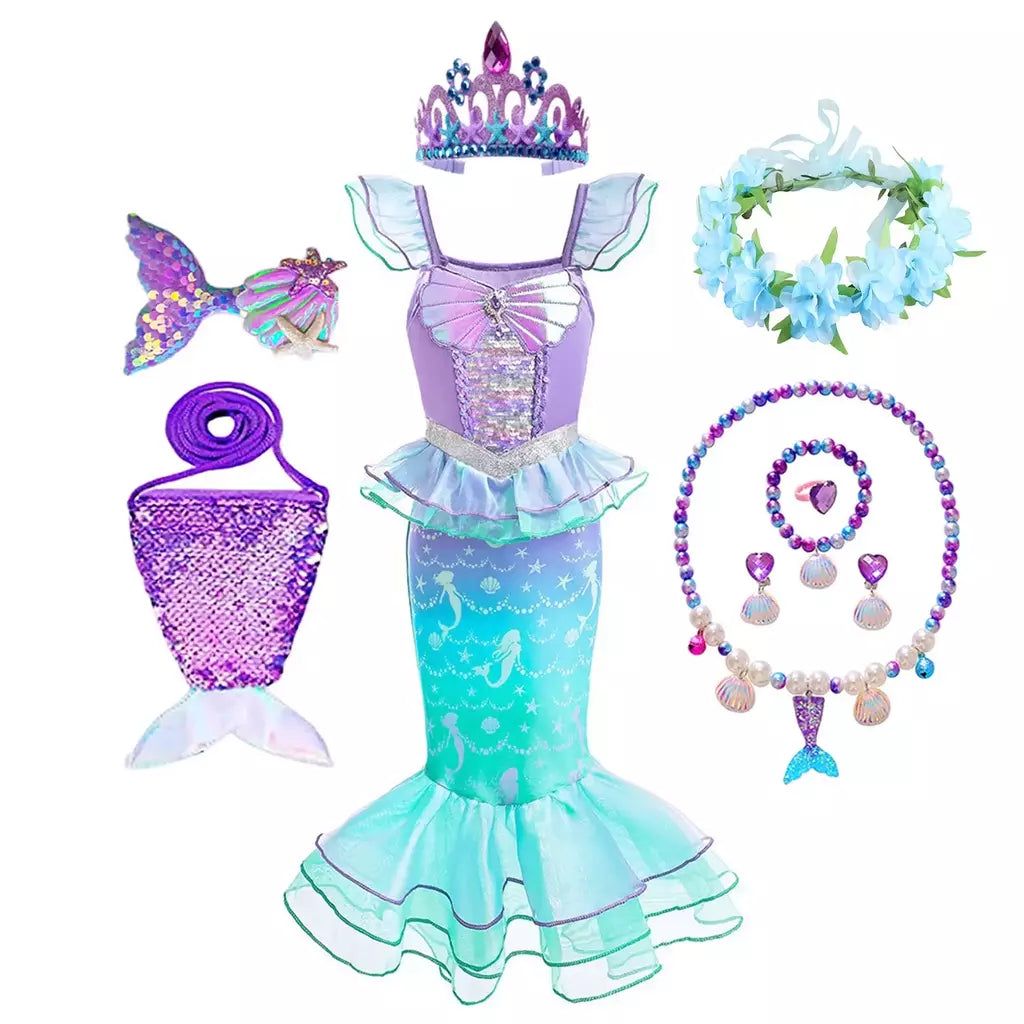 Meninas escala roxa princesa sereia ariel cosplay vestido de halloween vestido de festa de aniversário meninas verão praia vestido de férias