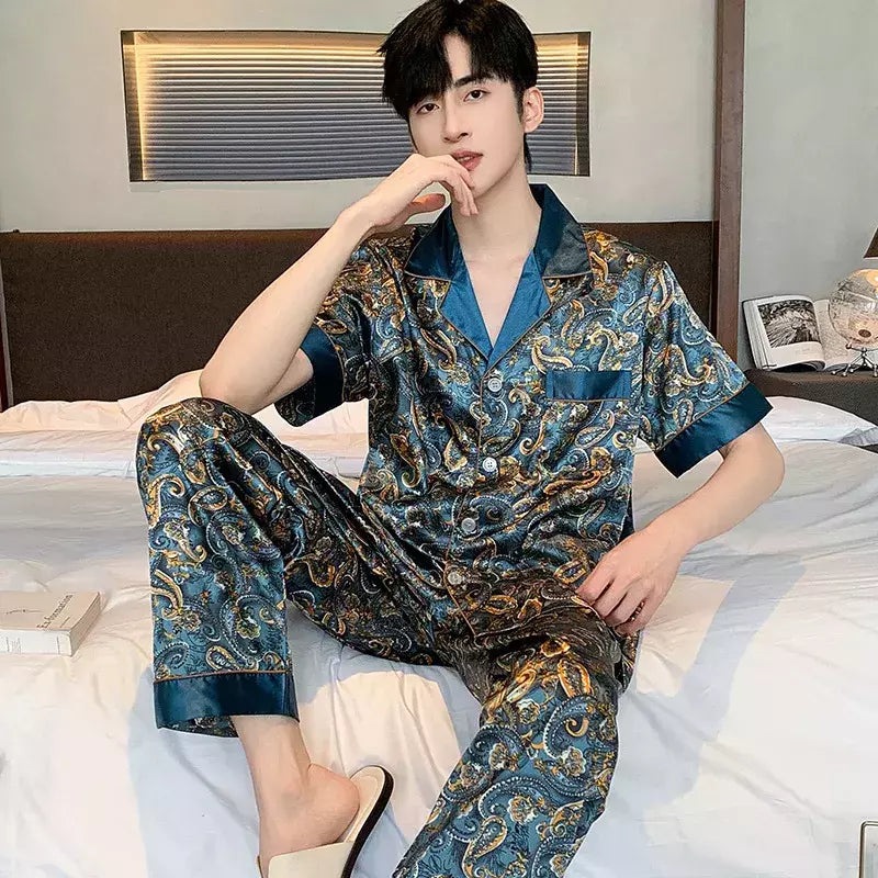 Conjuntos de pijama masculino de cetim de seda manga comprida, pijamas masculinos, camisola estampada, Casa, Soft Cozy Sleepwear Calças, Novo