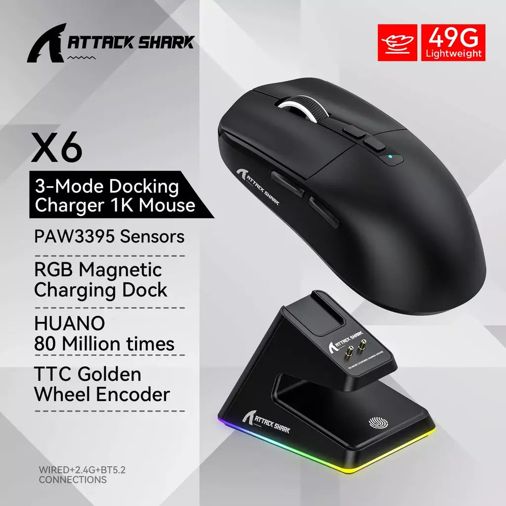 Attack Shark X6 Bluetooth Mouse Gaming Conexão Tri-Mode Sem Fio, Base de Carregamento Magnético Touch RGB PAW3395 Macro Gaming Mouse