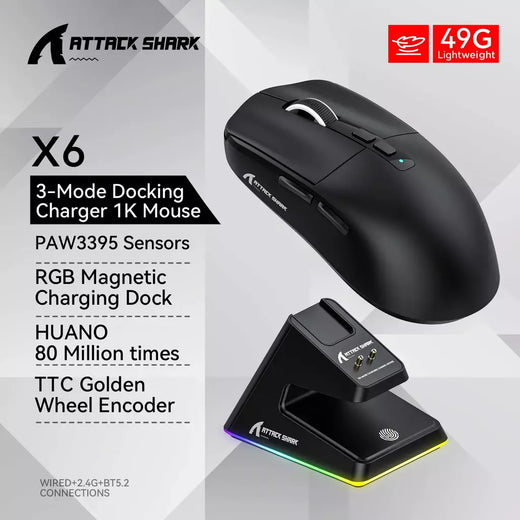 Attack Shark X6 Bluetooth Mouse Gaming Conexão Tri-Mode Sem Fio, Base de Carregamento Magnético Touch RGB PAW3395 Macro Gaming Mouse