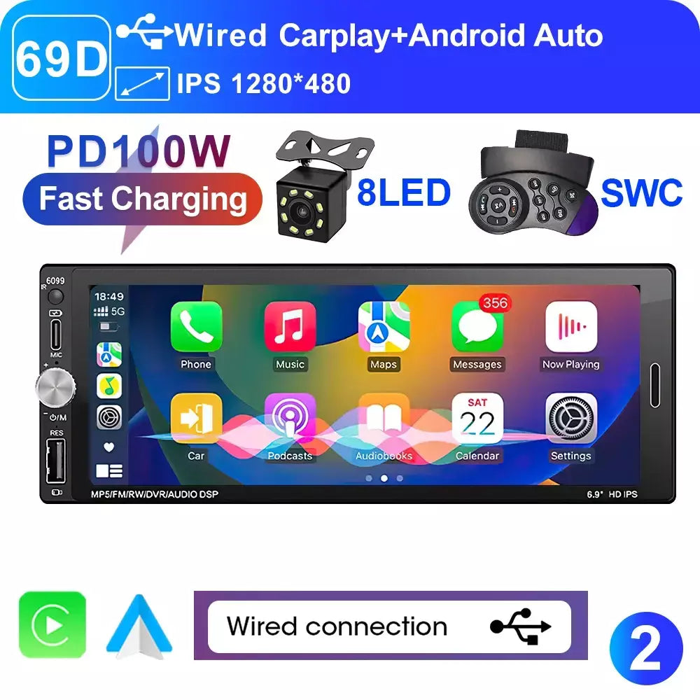 Lehx 6.9 Polegada 1din universal mp5 rádio do carro suporte sem fio carplay android auto aux ips tela de toque reprodutor vídeo multimídia