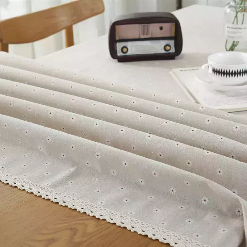 Daisy Flower Pattern Tablecloth, Linho e algodão Lace Edge, Toalha de mesa retangular, Casa e Hotel Textile, Venda quente