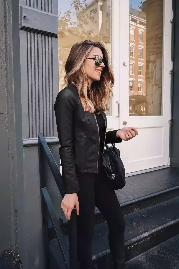 Jaqueta de couro PU feminina com zíper, casaco manga comprida, jaquetas de motociclista, slim fit, monocromática, streetwear casual, moda feminina, outono, Y2K