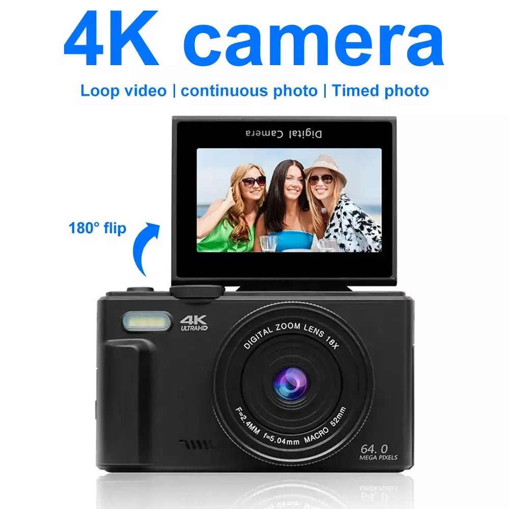 Câmera digital 4K para fotografia e câmera com zoom digital 18X Câmera compacta de vlogging de 64 MP 3 '' 180 ° Tela dobrável com flash