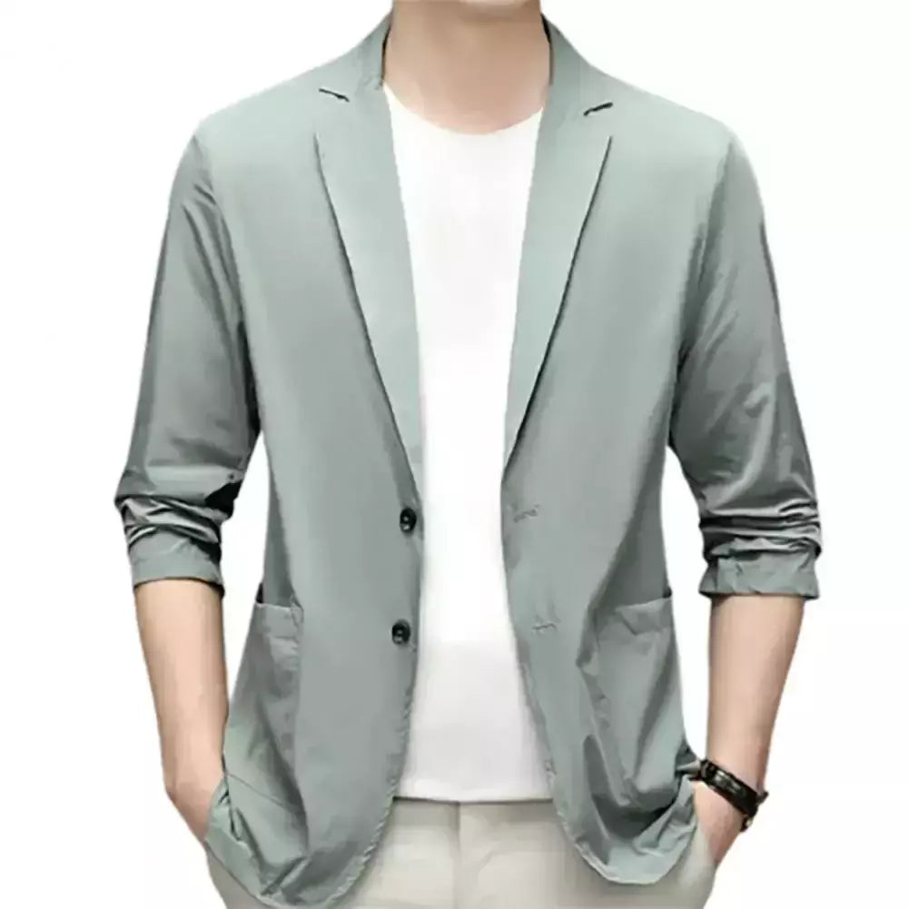 Blazers de negócios monocromáticos masculinos, blazers slim fit, botões duplos, lapela, mangas 3/4, terno de deslocamento, casaco do noivo