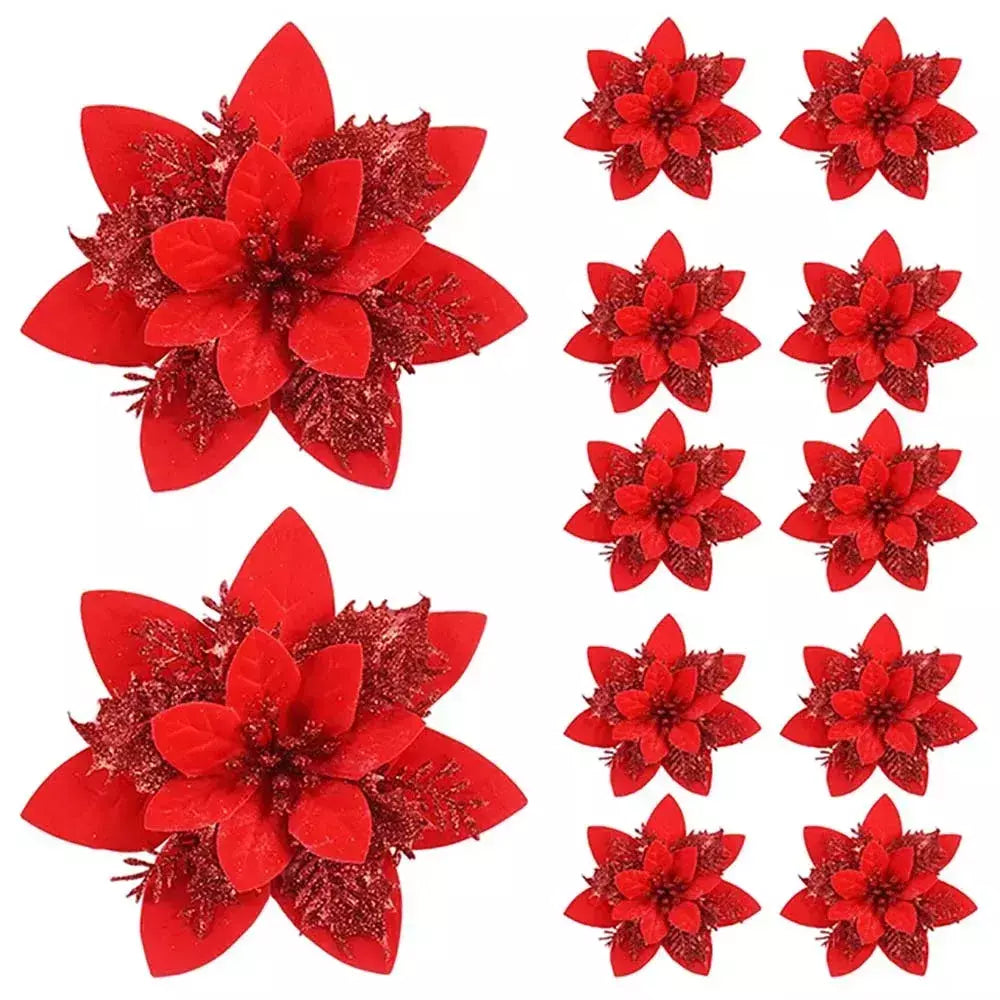 Flores artificiais com glitter para árvore de Natal, enfeites de Natal, rosa, vermelho, dourado, decoração de Natal para casa, 14,5 cm
