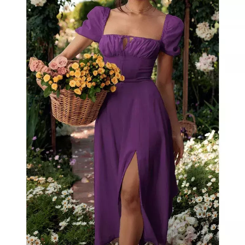 Vestido de renda feminino simples dividido, elegante manga folhada, vestido A, roupas femininas, pendulares, temperamento, nova moda