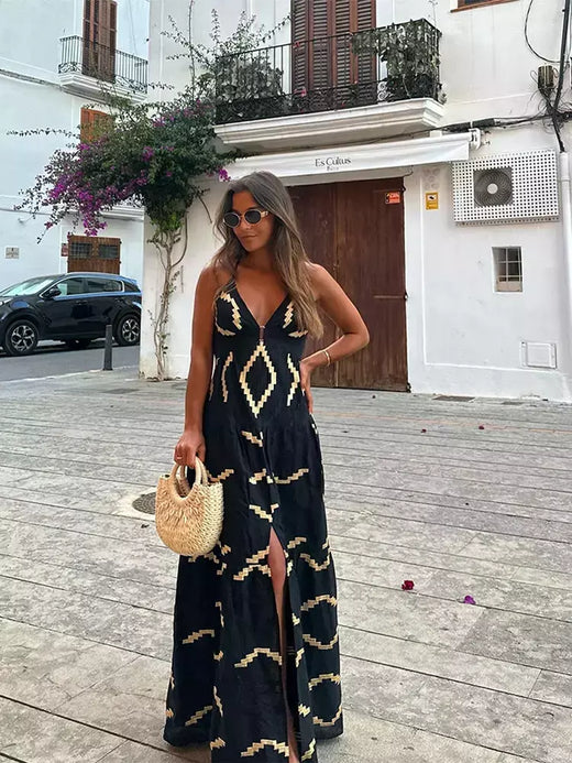 Vestido dividido sem costas sem mangas estampado feminino, sexy com decote em v, vestidos de cintura alta, férias na praia, verão, 2024