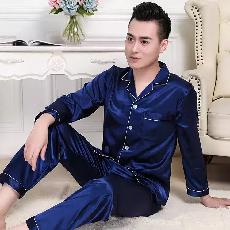 Conjuntos de pijama masculino de cetim de seda manga comprida, pijamas masculinos, camisola estampada, Casa, Soft Cozy Sleepwear Calças, Novo