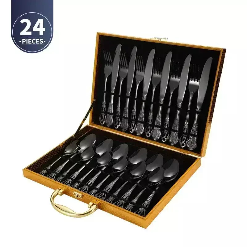 Conjunto de talheres de aço inoxidável dourado, colher europeia real, garfo, talheres completos, design retrô, seguro para máquina de lavar louça, talheres elegantes