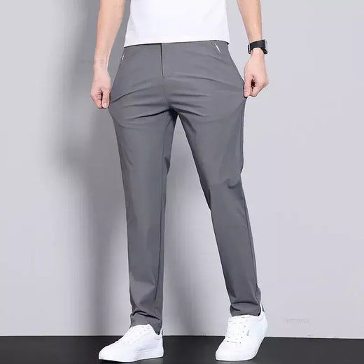 Calças casuais masculinas elásticas ultrafinas verão de secagem rápida seda gelo magro em linha reta negócios cor sólida preto cinza