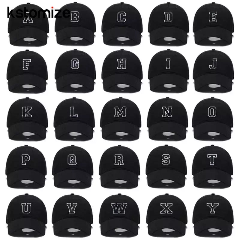 Boné bordado de algodão macio, letra inicial A-Z Snapback Caps para homens e mulheres, elegante equipe esporte viseiras, preto, alta qualidade