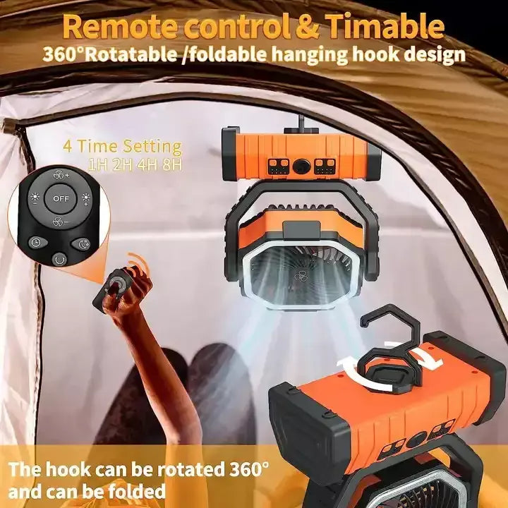Ventilador recarregável portátil com luz LED e gancho, mesa com bateria, ventilador de acampamento, ventilador ao ar livre para barraca, viagem de carro, 20000mAh