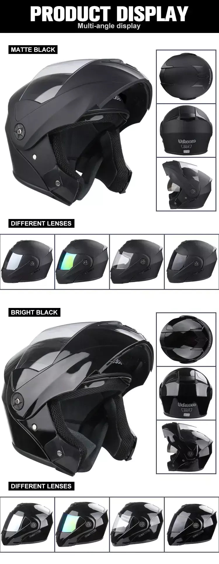 Unisex Capacete com viseira, lente dupla, seção transversal, segurança, modular, flip, capacete, certificação DOT, Uchoose